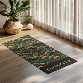 Tapete De Yoga Padrão Elegante de Ginkgo Monograma Nome Tons de J