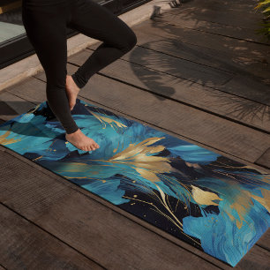 Tapete De Yoga Padrão Elegante Floral do Ouro abstrato Azul Flor