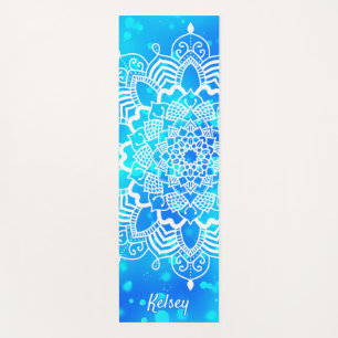 Tapete De Yoga Padrão Elegante Monograma Branco e Azul de Mandal