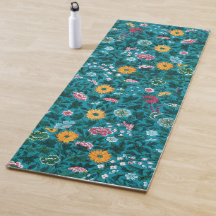 Tapete De Yoga Padrão Floral Amarelo-Cor-de-Rosa Verde Azul