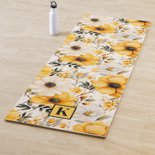 Tapete De Yoga Padrão floral Amarelo Monograma