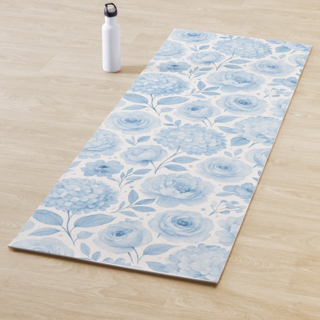 Tapete De Yoga Padrão Floral Aquarela Azul Branco (In Situ)