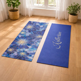 Tapete De Yoga Padrão Floral Azul Moderno Dourado