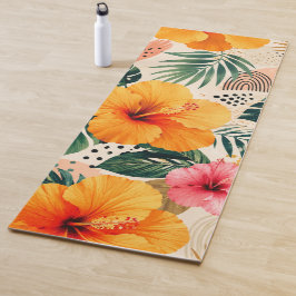 Tapete De Yoga Padrão Floral de Hibisco Tropical Vibrante Sem Cos