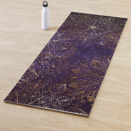 Tapete De Yoga Padrão Floral de Mandala Elegante Dourado e Roxo