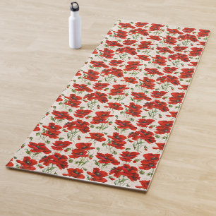 Tapete De Yoga Padrão Floral de Papoula Vermelha Vintage Arte Bot
