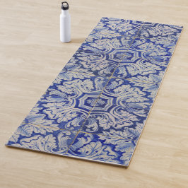 Tapete De Yoga Padrão Floral de Vintagem do Mediterrâneo Azul e B