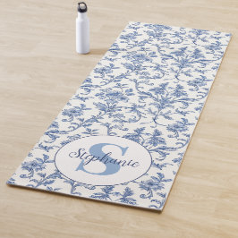 Tapete De Yoga Padrão Floral Monograma Azul Toile Francês Nome