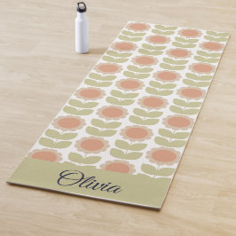 Tapete De Yoga Padrão Floral Retro Rosa Pastel Meados do Século