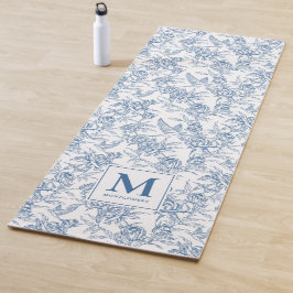 Tapete De Yoga Padrão Floral Toile de Jouy Francês Azul Monograma