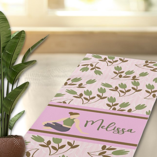 Tapete De Yoga Padrão Floral Verde-Rosa-Abstrato Boho (Criador carregado)