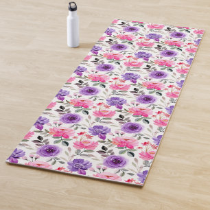 Tapete De Yoga Padrão Floral Vibrante em Aquarela em Rosa e Roxo