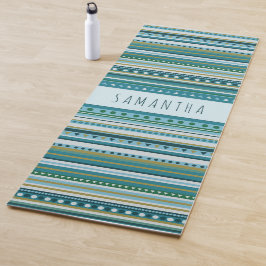 Tapete De Yoga Padrão Monograma Tribal Teal Blue Stripes