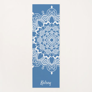 Tapete De Yoga Padrão Monogramas de Mandala Branco e Azul Yoga M