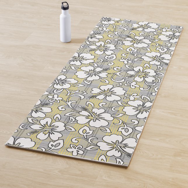 Tapete De Yoga Palaka Pareau Hawaiian Check Hibiscus - Gray (In Situ)