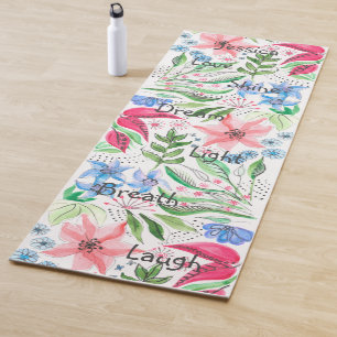 Tapete De Yoga Palavras Inspiracionais Nome Flores Azul Rosa Verd