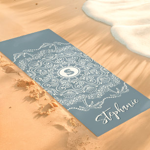 Tapete De Yoga Palmeira Concha Mandala Monograma Azul Praia