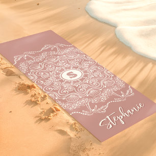 Tapete De Yoga Palmeira Concha Mandala Monograma Bege Praia