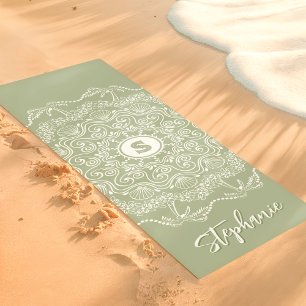 Tapete De Yoga Palmeira Concha Mandala Monograma Sage Praia