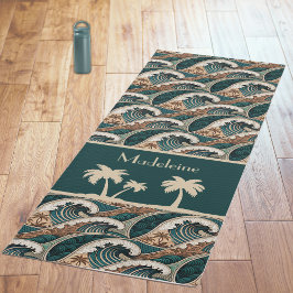 Tapete De Yoga Palmeiras Ondas Polinésias Monograma de Praia Vint