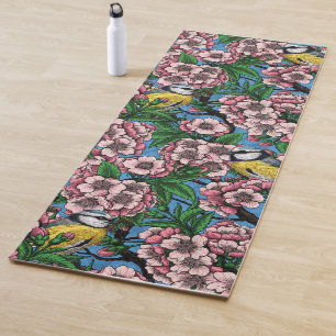 Tapete De Yoga Pássaros-peludos-azuis na cerejeira florescente em