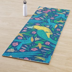 Tapete De Yoga Pássaros tropicais coloridos e padrão de flores