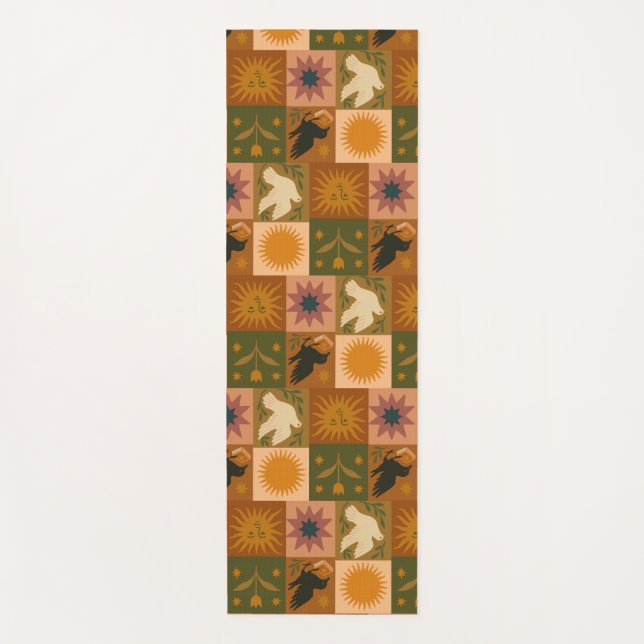 Tapete De Yoga Patchwork celestial boêmica com símbolos místicos (Frente)