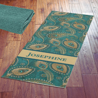Tapete De Yoga Pena de Pavão Paisley Azul Turquesa Dourado Nome V