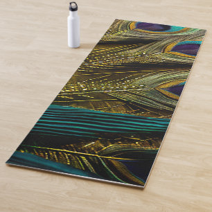 Tapete De Yoga Penas de Pavão Dourado Azul Elegante-Abstrato Azul