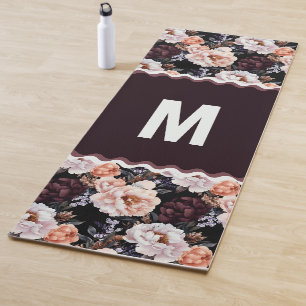 Tapete De Yoga Pêonias Escuras Padrão Floral Monograma