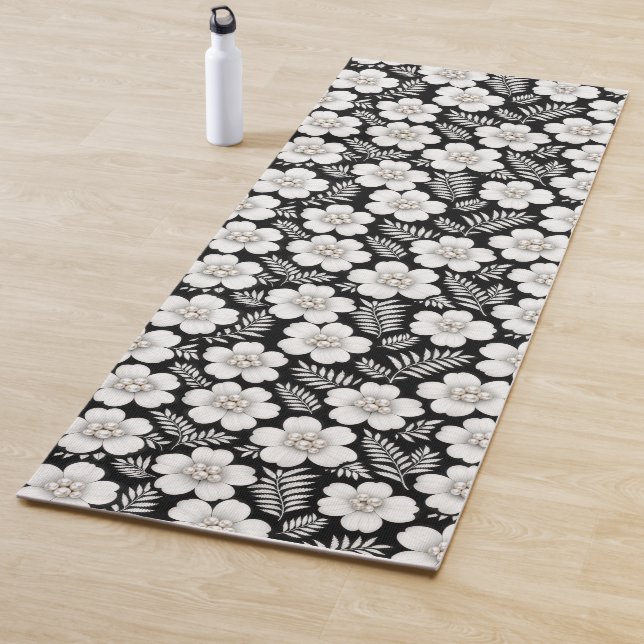 Tapete De Yoga Pérolas Brancas em Flores sobre Preto (In Situ)