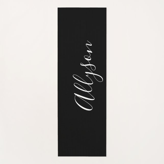 Tapete De Yoga Personalizar Script Branco Vertical de Nome, Preto (Frente)