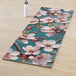 Tapete De Yoga Pink Cherry Blossomo Teal Fundo