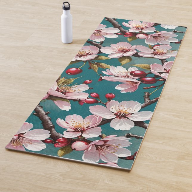 Tapete De Yoga Pink Cherry Blossomo Teal Fundo (In Situ)