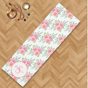 Tapete De Yoga Pink Pastel Floral Watercolor Name Monograma