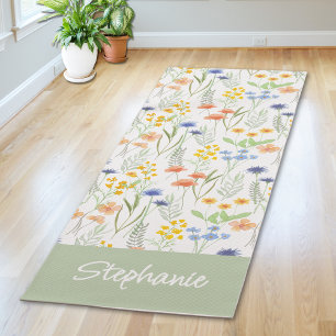 Tapete De Yoga Pintura em Aquarela de Flor Silvestre Verde Nome P