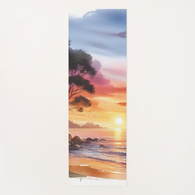 Tapete De Yoga Praia Sunset Serene Ombre Blue & Orange Waves (Frente)