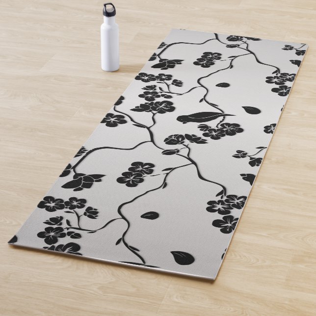 Tapete De Yoga Preto em Pássaros de Padrões de Prata e Flores de  (In Situ)