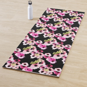 Tapete De Yoga Primavera Floral Cor de Água Preta