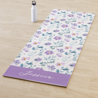 Tapete De Yoga Purple Green Watercolor Wildflower Custom Name