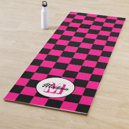 Tapete De Yoga Quadrados xadrez rosa quente preto Monograma retrô