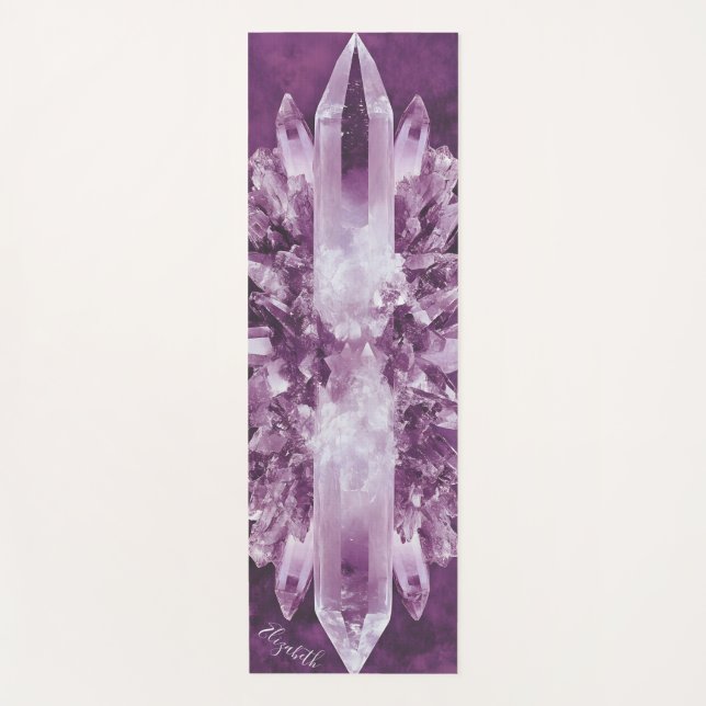 Tapete De Yoga Quartz Crystal Cluster com fundo roxo (Frente)