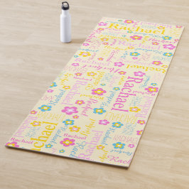 Tapete De Yoga Rachel flores nome tipográfico amarelo rosa