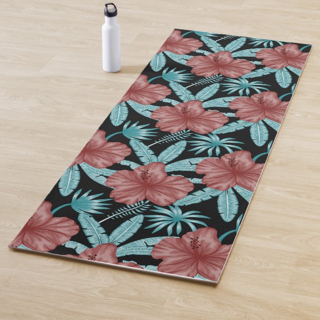 Tapete De Yoga Red flowers tropical seamless pattern &blue leaves (In Situ)