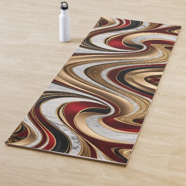 Tapete De Yoga Red Gold and White Marble Swirls (In Situ)