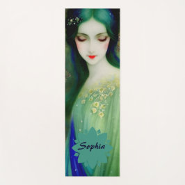 Tapete De Yoga Retrato da Mulher Fantasia Elegante em Verde e Azu