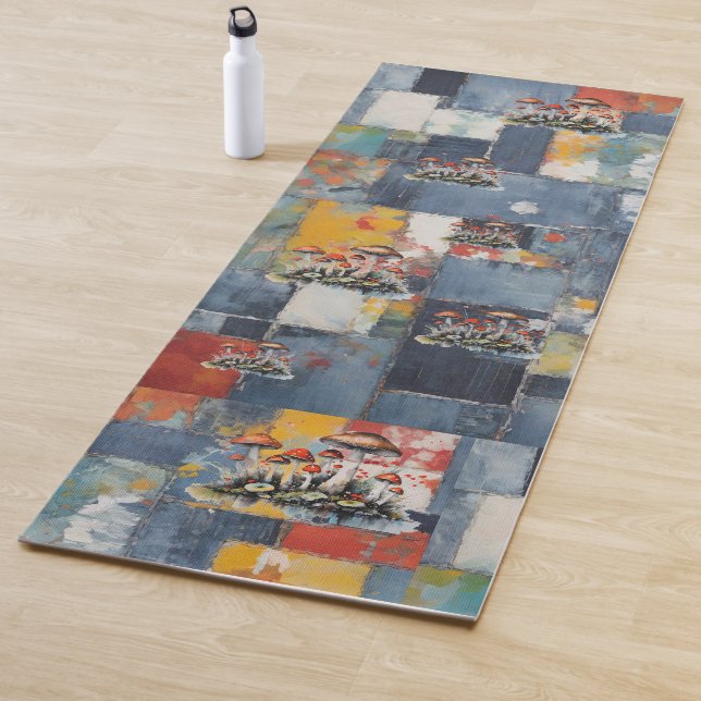 Tapete De Yoga Retro Denim Patchwork com Cogumelos (In Situ)