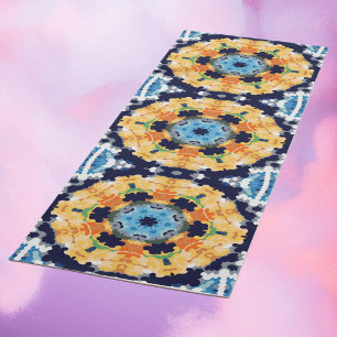 Tapete De Yoga Retro Mandala Amarelo Azul e Laranja