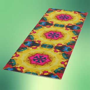 Tapete De Yoga Retro Mandala Amarelo Azul e Rosa
