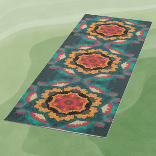 Tapete De Yoga Retro Mandala Blue Orange e Red